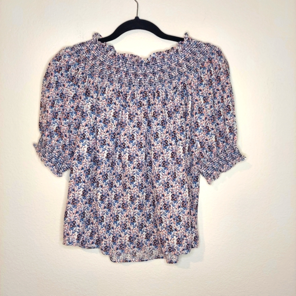 LOFT Floral Smocked Top - Blue and White